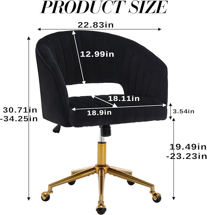 Home Office Chair Swivel Velvet Desk Chair Accent Armchair Upholstered Modern Tufted Chairs with Gold Base for Girls Women Ergonomic Study Seat Computer Task Stools for Living Room(Black)