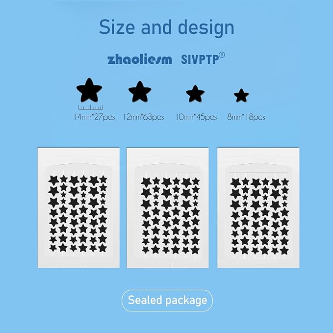 Black Star Pimple Patches for Face, 153 Counts Hydrocolloid Star Acne Patches, Cute Zit Covers for Face, Spot Stickers with Tea Tree, Salicylic Acid and Cica Oil