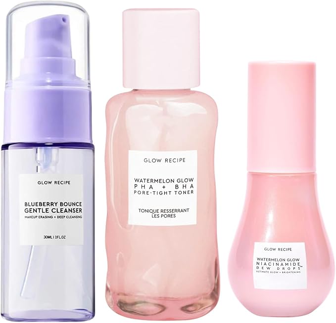 Glow Recipe Watermelon Glow Niacinamide Dew Drops Brightening Serum (40 ml) + PHA + BHA Face Toner (40 ml) + Blueberry Bounce 3-in-1 Foaming Double Cleanser, Makeup Remover & Clarifying Mask (30 ml)