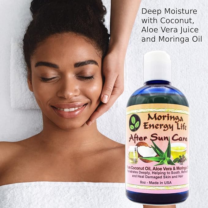 Moringa Energy Life After Sun Care Oil 8 oz, Soothes Skin from Sun Exposure with Coconut Oil, Aloe Vera Juice, Moringa Oil for Skin and Hair