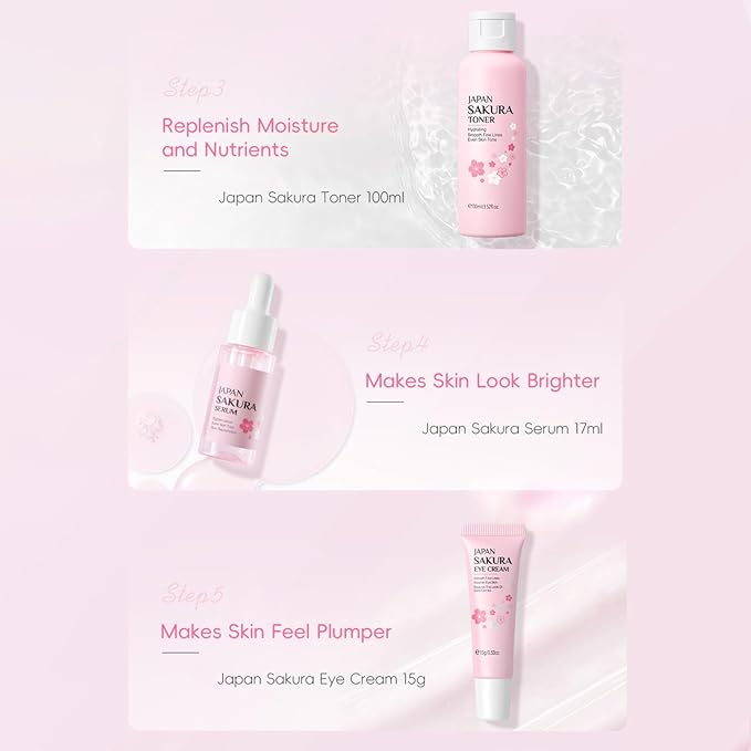 Skin Care Sets for Teenage Girls, Sakura Skin Care Sets & Kits Women Beauty Gift Set with Cleanser, Mud Mask, Toner, Serum, Eye Cream, Facial Cream, and Sunscreen, Birthday Gift for Women and Girls