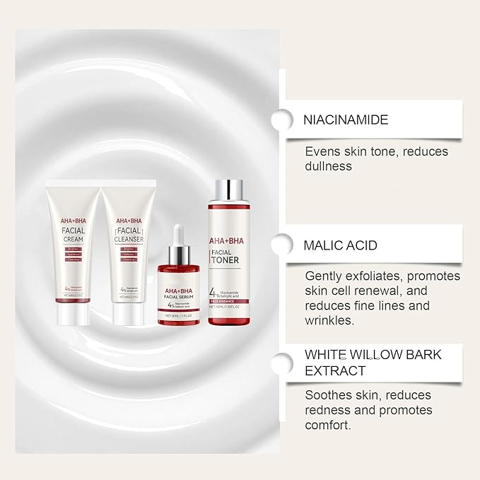 Travel Skincare Set with AHA BHA - 4 Piece Gentle Exfoliating Kit | Cleanser, Toner, Serum & Moisturizer for Women & Teens, Face Daily Korean Care Gift Box Dewy Skin Set Deep Cleansing Hydrate