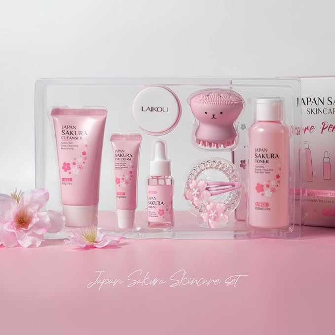 1 Pack Skin Care Set, Containing Facial Cleanser + Toner + Serum + Eye Cream+ Essence Cream+ Hair Clip + Facial Cleansing Brush + Hair Tie