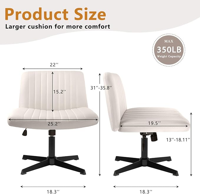 Criss Cross Chair, Cross Legged Desk Office Vanity Chair, Comfortable Beige Vanity Stool with Back, Armless Fabric Adjustable Wide Swivel Criss Cross Desk Chair for Home Office