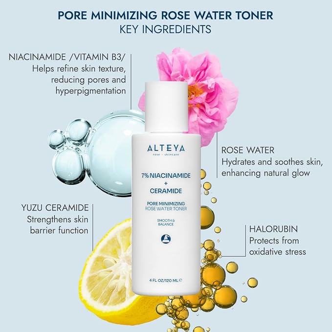 Alteya Organics Pore Minimizing Rose Water Toner (7% Niacinamide + Ceramide) - 4 Fl Oz/120mL
