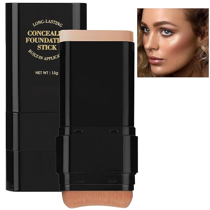 Foundation Stick, 2 in 1 Dual-Ended Long-Lasting Face Contouring Foundation, Concealer Stick with Brush, Full Coverage for Dark Circles & Blemishes, Hydrating Matte Contour Sticks for Face Makeup (04)