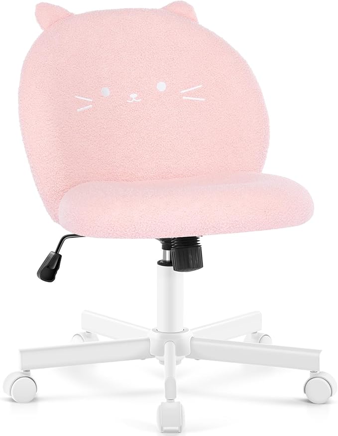 Vanity Chair with Cat Back,Armless Desk Chair Cute Small Office Chair,Teddy Fabric Computer Chair with Adjustable Height,120°Tilting,Rolling,Swivel for Vanity,Kids Room,Office,Bedroom Pink