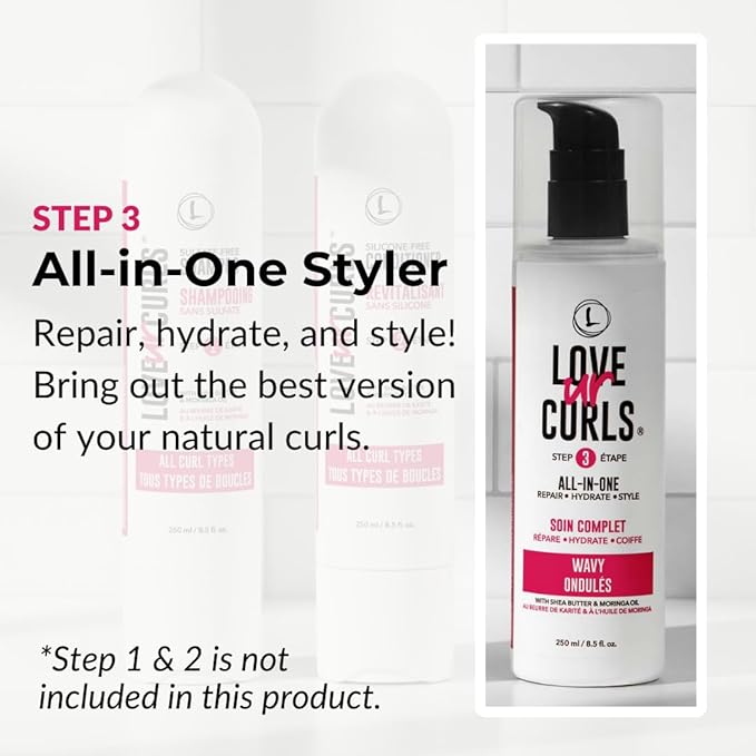 Love Ur Curls LUS Brands All-in-One Styler for Natural Wavy Textured Hair 8.5 oz - Repair, Hydrate, Style in One Easy Step - No Crunch Non-Sticky Hair Care with Shea Butter and Moringa | Repair, Hydrate, No Crunch, Non-Sticky