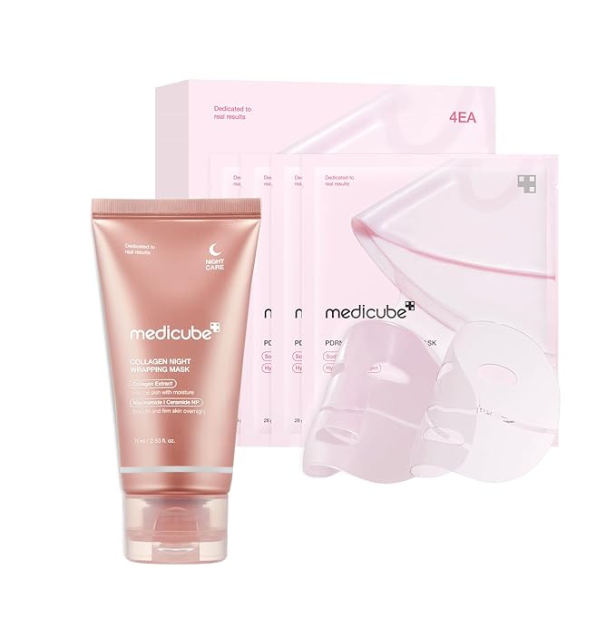 Medicube All Day Glass Glow Skin Duo: Collagen Overnight Wrapping Peel Off Facial Mask Pack and Salmon DNA PDRN pink collagen jelly gel mask (4ea)