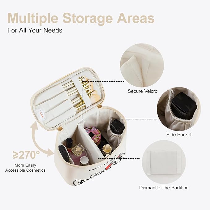 AmBealla Makeup Bag Large Waterproof Cosmetic Bags with Divider and Brush Holder,Cute Printed Makeup Organizer for Women Traveling,Portable Toiletry Bag for Girls