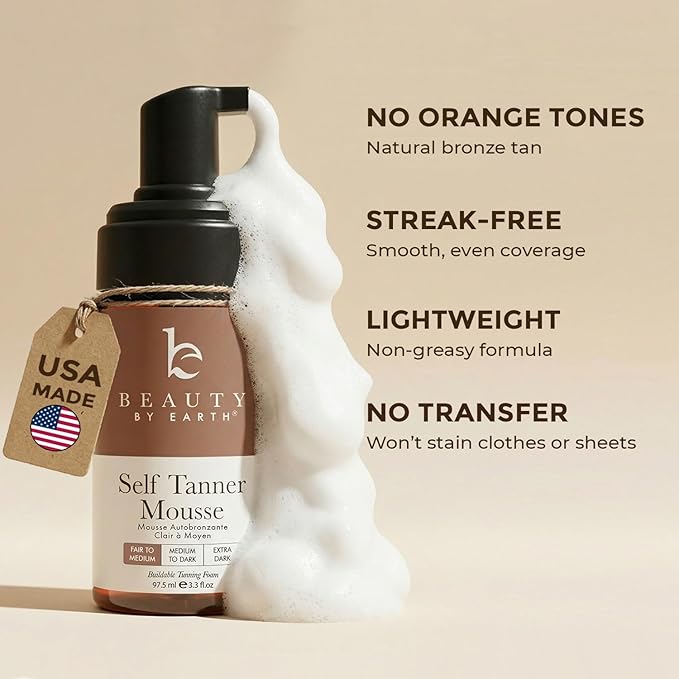 Self Tanner Mousse - USA Made with Natural & Organic Ingredients, Self Tanning Mousse for Fake Tan, Sunless Tanner for Pale Skin, Clear & Non Toxic Tanning Foam for Streak Free Finish, No Orange Color