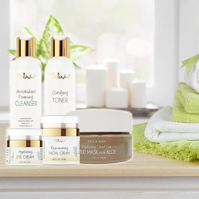 Deluvia Premium Facial Kit, Skin Care Products Set, Gentle Foaming Cleanser Face Wash, Clarifying Facial Toner, Face Moisturizer, Hydrating Under Eye Cream, Dead Sea Mud Mask
