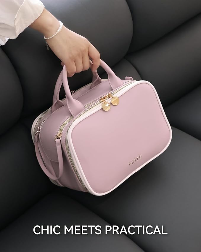 Prite Makeup Bag for Women, Large Capacity Waterproof Travel Cosmetic Organizer, Portable Open Flat Toiletry Bag with Free-standing Brush Holder and Handle(Pink Large)