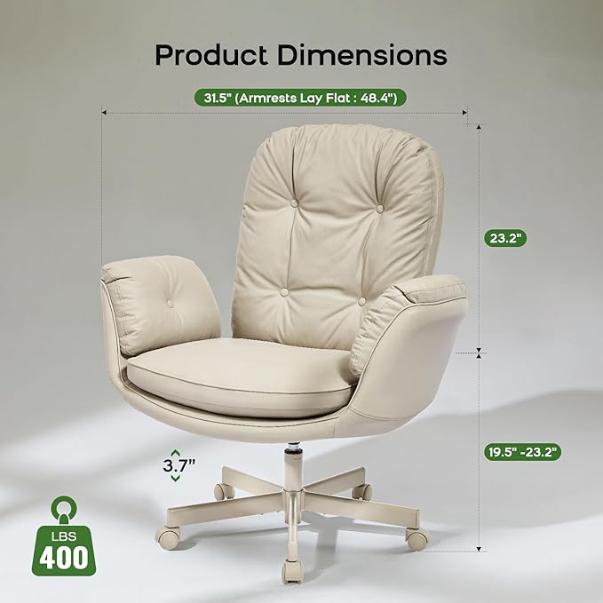 Criss Cross Chair with Armrests & Wheels for Cross-Legged Sitting, Comfortable Adjustable Swivel Office Desk Chair –PU Leather Vanity Chair for Home, Makeup and Bedroom (Cream)