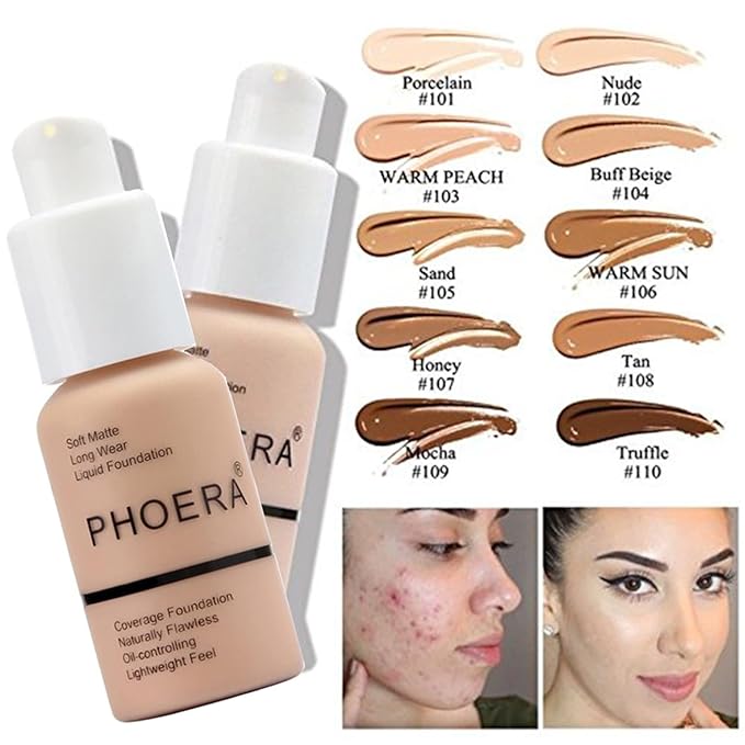 PHOERA 2 Pack Nude 102 Foundation & Primer Set, Full Coverage, Matte Finish, 24 HR Oil Control Concealer, Foundation Brush, Powder Brush, 5 Makeup Sponge