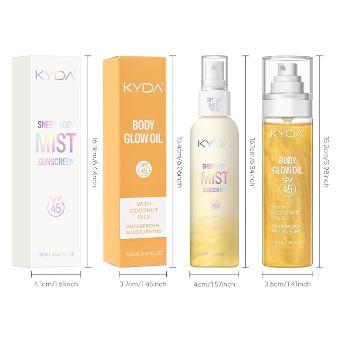 KYDA Glow Sunscreen Kit, Includes SPF 45 Body Glow Oil + Sheer Body Sunscreen Spray, Summer Beach Essentials Gift Set, Water Resistant, Moisturizing, GOLD