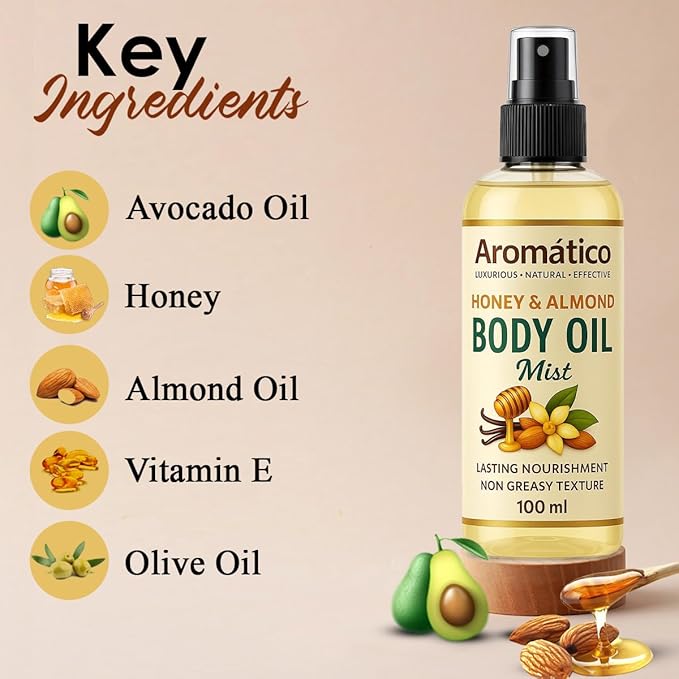 Honey & Almond Body Oil Mist for Women | Lightweight, Non-Sticky, Spray-on formula for Daily use After Shower | Moisturized, Soft, Glowing Skin | Cozy, Creamy Vanilla Scent - 4 Fl Oz
