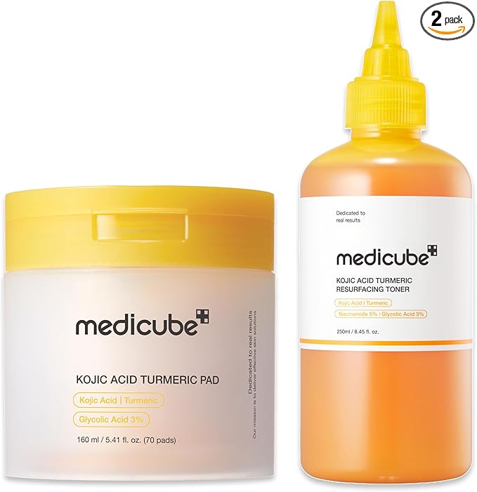 medicube Kojic Acid Clarity Duo for Troubled Skin: Kojic Acid Turmeric Clarifying Pad and Kojic Acid Turmeric Smoothing Toner for face & Body