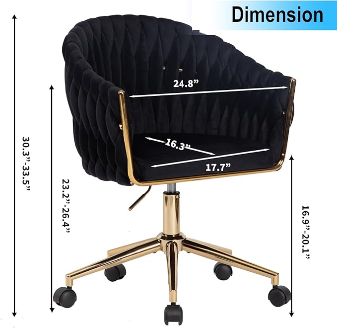 Velvet Office Chair with Hand Woven, Black Vanity Chairs with Golden Wheels, 360° Swivel Home Office Desk Chair Computer Chairs, Accent Chair Makeup Chair for Bedroom, Living Room(Black)