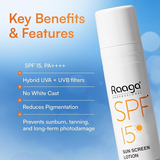 Raaga Professional Sunscreen Lotion SPF 15 | Broad Spectrum UVA & UVB Protection | Lightweight, Non-Greasy & Water-Resistant | Keeps Skin Hydrated | For All Skin Types | 1.86 Fl Oz/55ml