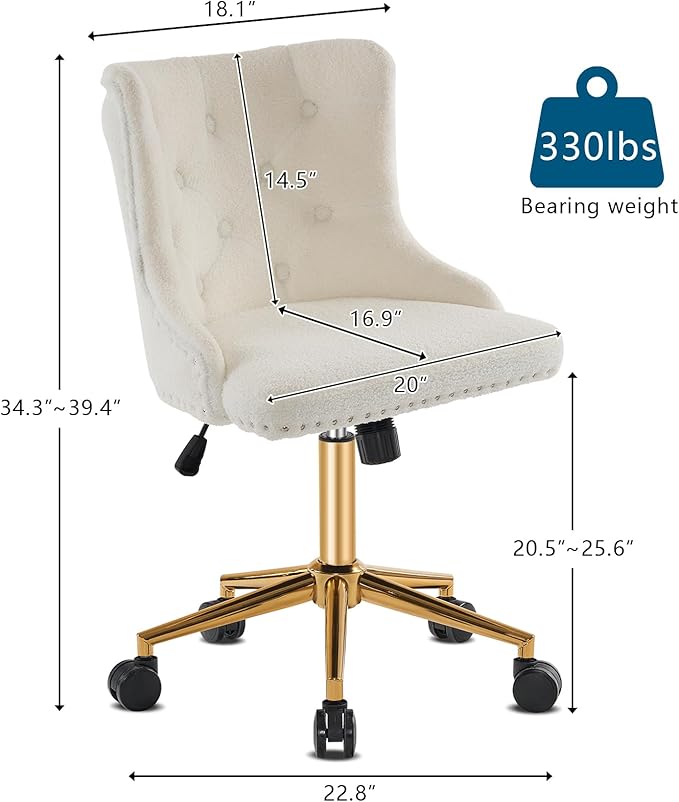 VINGLI White Teddy Fleece Armless Office Desk Chair with Gold Base/Wheels, Cute Vanity/Makeup Chair with Back for Bedroom, Upholstered Adjustable Rolling Swivel Nail Chair for Women/Girls