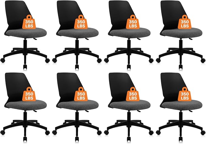 CLATINA Armless Home Office Chair, Ergonomic Small Desk Chair with Wheels and Soft Thick Upholstered Cushion, Comfy Adjustable Height Swivel Computer Task Chair for Conference Waiting, Black, 8Pack