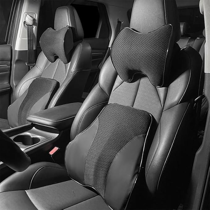 Lumbar Support and Car Neck Pillow for Office Chair and Car Seat ，Softness Memory Foam Erognomic Seat Cushion with Adjustable Strap，Comfortable Ergonomic Design (Black, Polyester)