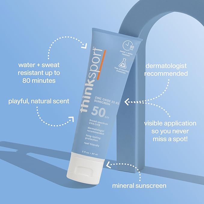 Thinksport SPF 50 Mineral Sunscreen – Safe, Natural Sunblock for Sports & Active Use - Water Resistant Sun Cream –UVA/UVB Sun Protection – Vegan, Reef Friendly Sun Lotion, 3 Fl Oz (Pack of 1)