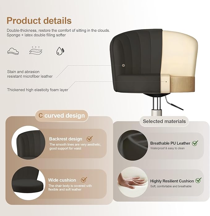 Small Desk Chair Round Rolling Chair with Back PU Leather Height Adjustable Swivel Vanity Work Computer Stool Chair for Home Office Bedroom, Set of 4