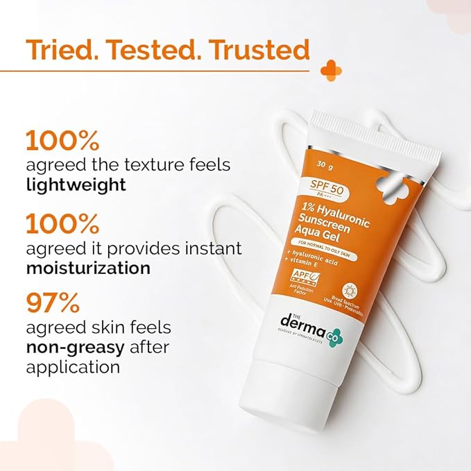 The Derma Co 1% Hyaluronic Sunscreen Aqua Gel SPF 50 PA++++ Hydrating, Lightweight & Non-Greasy No White Cast Broad Spectrum & Blue Light Protection Clinically Tested - (In-Vivo) 30 g