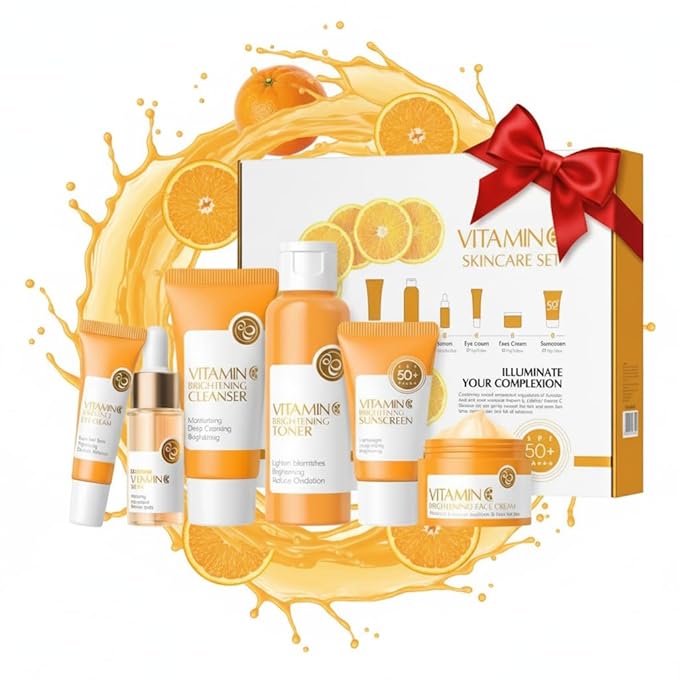 Vitamin C Skin Care Set, 5 Pcs Vitamin C Skin Care Kit with Face Wash, Toner, Serum, Eye Cream and Face Moisturizer Cream, Hydrating and Smooth Skin, Travel Size Skincare Set for Women Girls