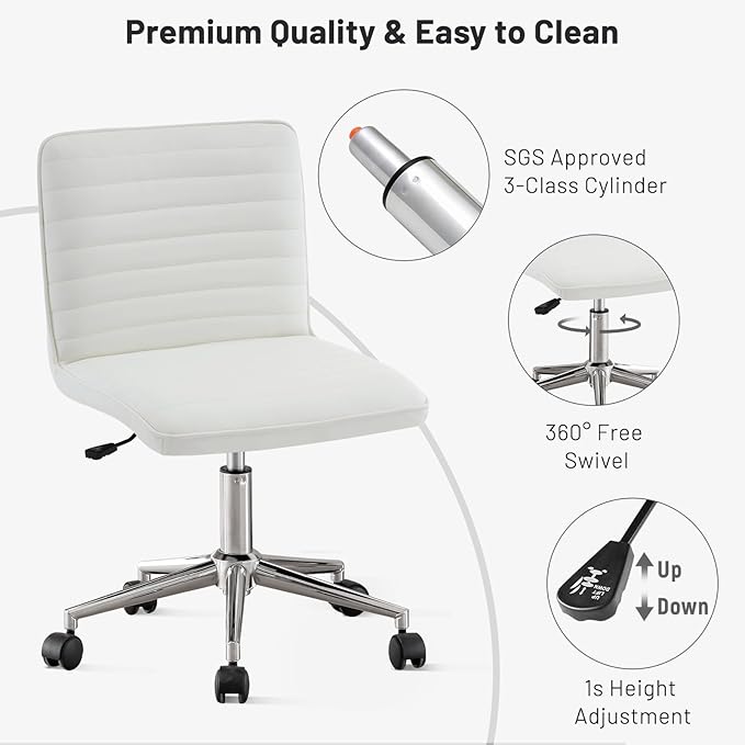 PU Leather Armless Office Chair - 360° Swivel Computer Desk Chair with Adjustable Height & Comfy Chrome Legs, Ivory White - Perfect for Home Office, Bedroom, Living Room & Vanity, Ivory White