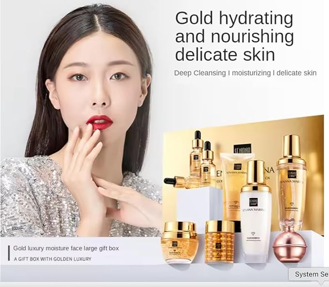 QueenLine 24K Gold 9PCS Face Toner Essence Cream Nicotinamide Anti-Aging Wrinkles Serum Facial Cleanser Kit Skin Care Set With Box