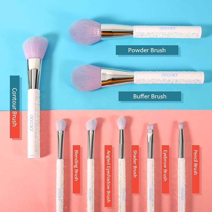 docolor 8PCS Glitter Makeup Brushes with Holder, Make Up Brush Set for Foundation Contour Blush Eyeshadow Eyebrow Bronzer Blending, Soft Synthetic Bristles (White)