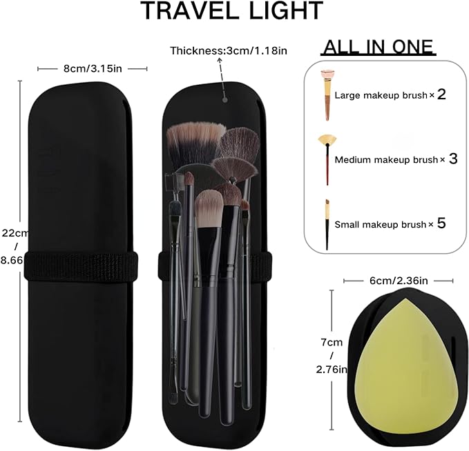 Silicone Makeup Brush Holder Travel Case No Odor Nylon Strap Closure | Water-Resistant Brush Organizer for Travel Makeup Brushes Storage-Black