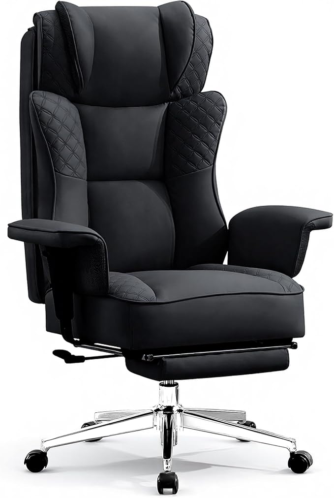 Big and Tall Office Chair, Ergonomic Leather Reclining Chair with Footrest, High-Back Comfy Executive Computer Desk Chairs with Lumbar Support, Wide Seat, 400LBS (Black)