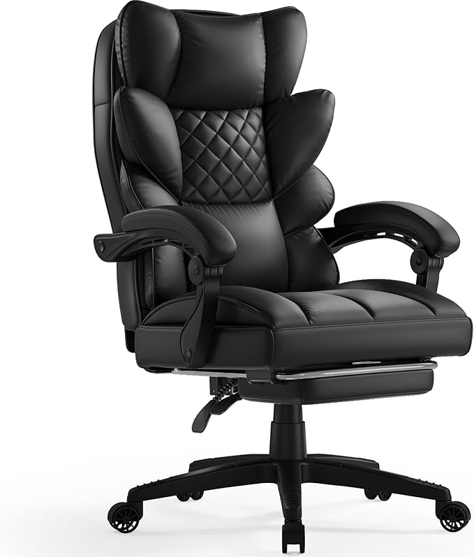 Dowinx Big and Tall Office Chair with Pocket Spring Cushion,High Back Computer Gaming Chairs with Linkage Armrests,Executive Desk Chairs with Footrest,PU Leather-Black