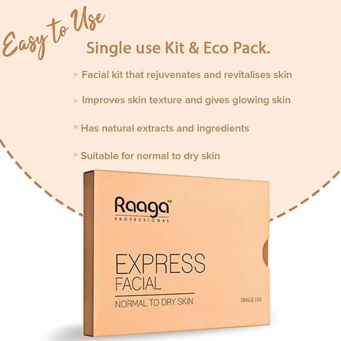 Raaga Professional Express Single Use Facial Kit | For Dry, Dull Skin | 6-Step Skincare Set At Home | Cleanser, Scrub, Toner, Massage Gel, Face Mask & Sunscreen | 35g/1.23 Oz