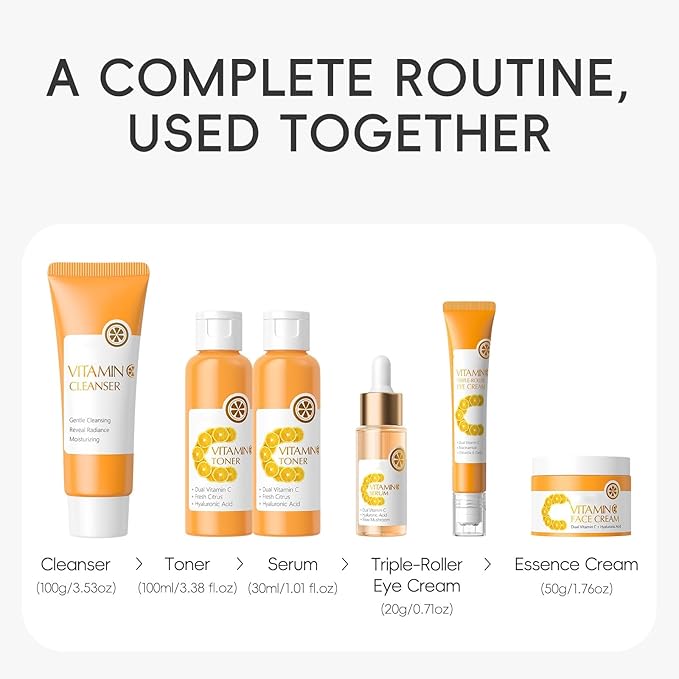 6-Piece Hydrating Skincare Set with Vitamin C & Niacinamide, Full Size Daily Face Care Kit for All Skin Types Includes Toner, Serum, Cleanser, Face Cream, Gift Box for Women and Girls