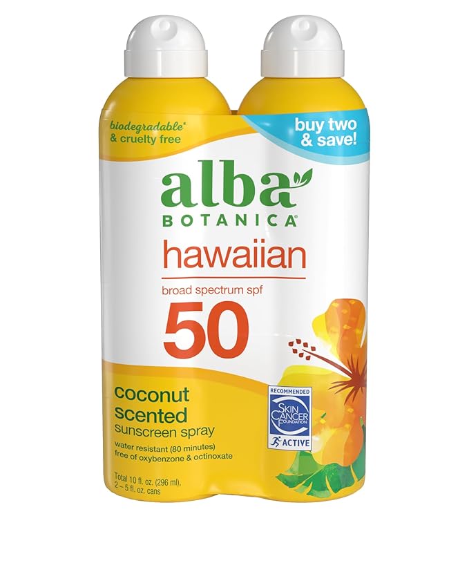 Alba Botanica Hawaiian Coconut Sunscreen, Spray Broad Spectrum SPF 50 Sunscreen, Water Resistant and Biodegradable 5 fl oz Bottle (Pack of 2)