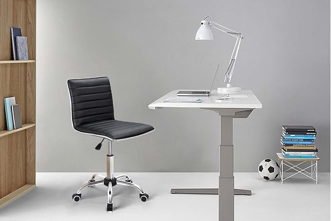 Furmax Vanity Office Desk Chair with Wheels, Armless Small Cute Leather Makeup Computer Task Chair Adjustable Height 360° Swivel (Black)