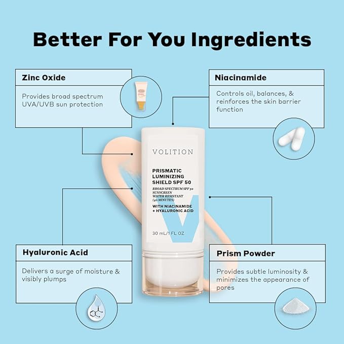 Volition Beauty Prismatic Luminizing Shield SPF50 with Niacinamide + Hyaluronic Acid | Reef-Safe Mineral Face Sunscreen | Lightweight Moisturizer for Broad Spectrum Protection | Luminous Glowy Finish