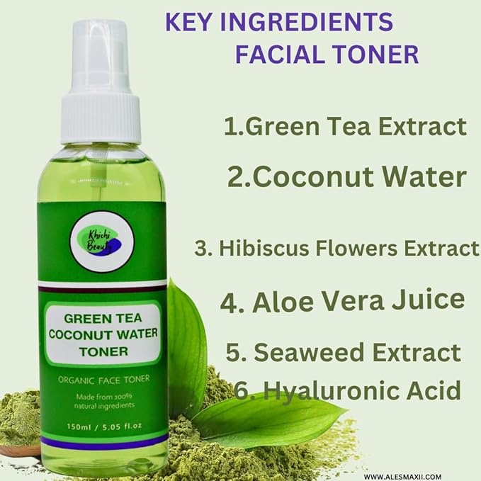 Green Tea Coconut Water Facial Toner Soothes and Hydrates, 150ml / 5.05 fl oz | Green Tea and Coconut Water Toner for Face | Non-Alcoholic with Hyaluronic Acid