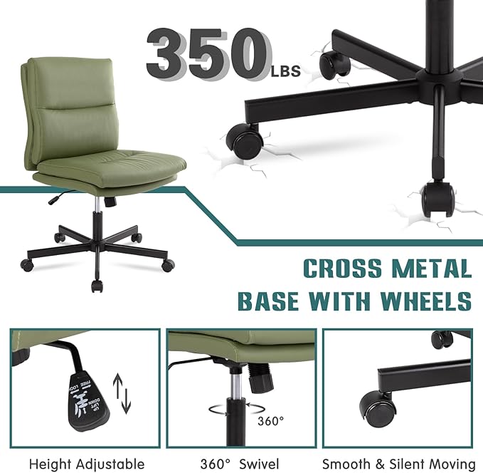 LUCKWIND Armless Office Desk Chair with Wheels,Double Padded PU-Leather Chairs for Office & Bedroom, 014 New (Green)