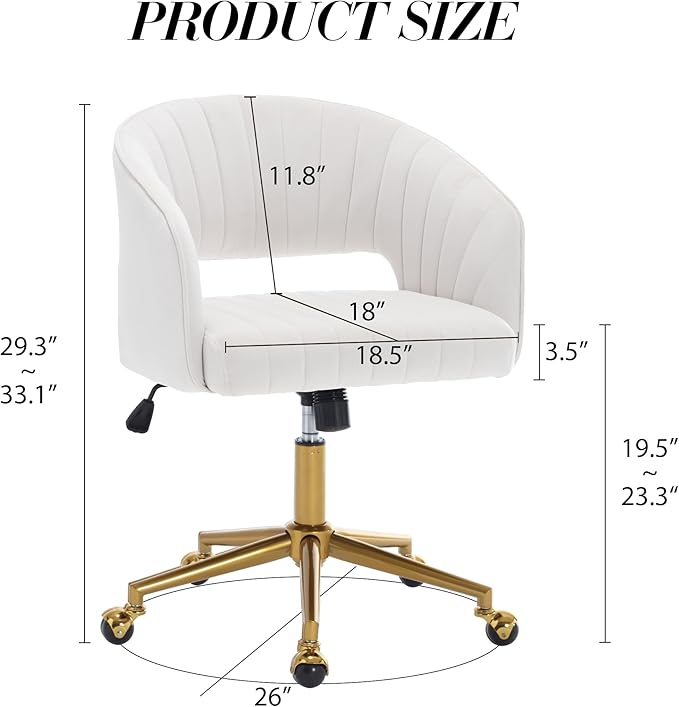 Home Office Chair Swivel Velvet Desk Chair Accent Armchair Upholstered Modern Tufted Chairs with Gold Base for Girls Women Ergonomic Study Seat Computer Task Stools for Living Room(Cream)