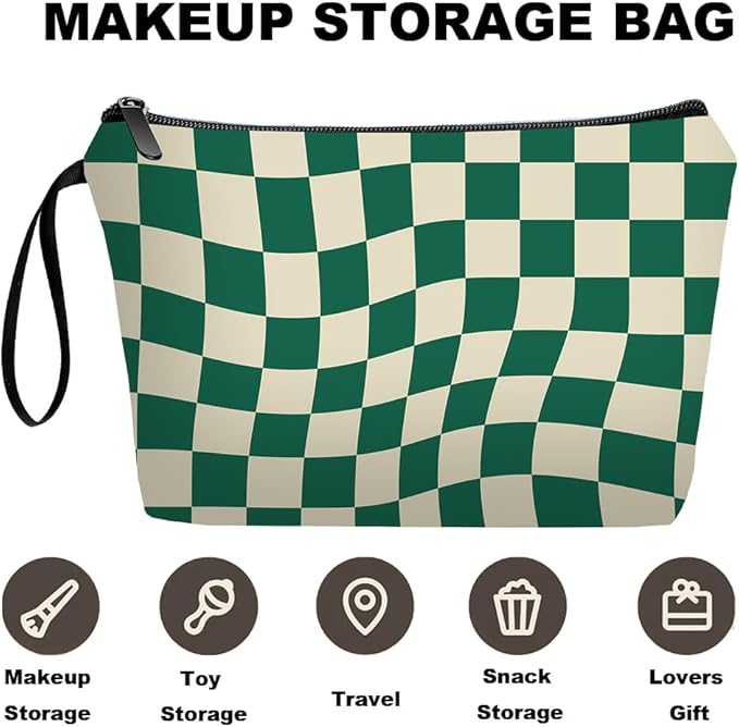 Personalized Green Checkered Makeup Bag set with Mirror for Women,Checkered travel Cosmetic bag kit with10 pieces pink brush set,Green Plaid bag Gifts for Mom Girls femal Friends