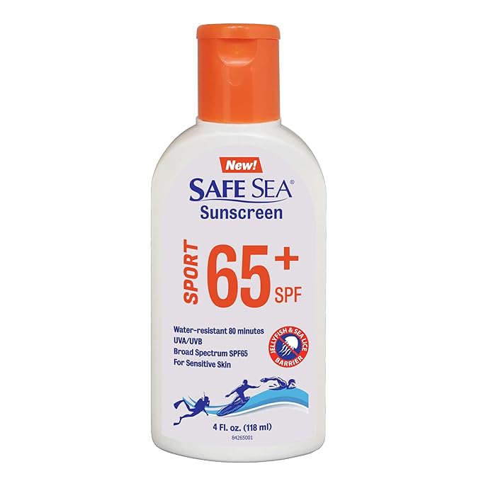Safe Sea SPF 65+ Sport Sunscreen Lotion 4oz, Jellyfish and Sea-Lice Sting Protection, Super Water and Sweat resistant, Biodegradable, Easy to apply. 4Oz (118ml), Pack of 1