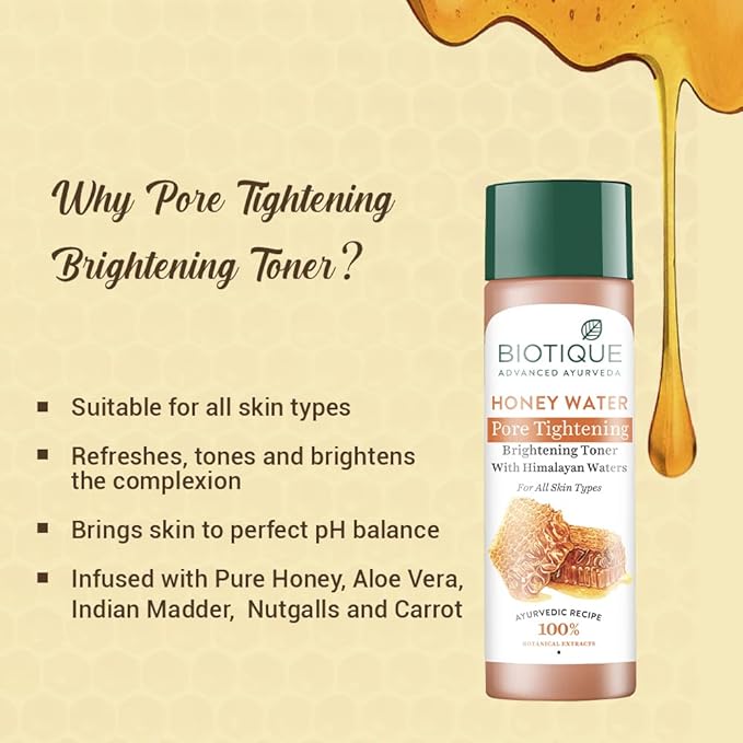 Biotique Bio Honey Water Clarifying Toner, 120ml (4.05 Oz.) I With Himalayan Water I All Skin Type I Blended With Pure Honey, Aloe Vera, Manjishtha, Nutgalls, Carrot, Sandalwood And The Fresh Waters