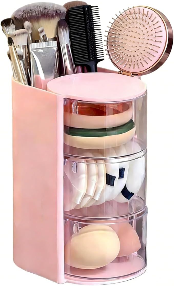3-Layer Rotating Makeup & Jewelry Organizer with Hair Brush Holder, Vanity Organizer for Earrings, Necklaces, Rings, Bracelets, Hair Clips and Makeup Brushes (Pink)
