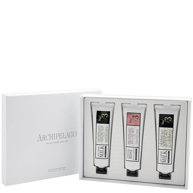 Archipelago Botanicals Hand Crème Gift Set Trio, Rich and Lightly Scented Hand Lotions for Dry Skin, Cuticles and Rough Spots, Oat, Soy and Charcoal Rose (3.4 fl oz each)